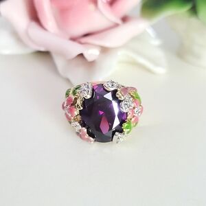 VINATGE Kirk Folly Enameled Facetes Purple Glass Gold Tone Ring
